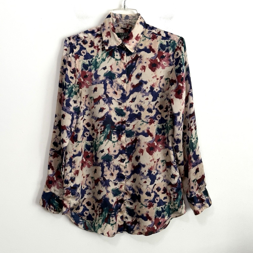 Lauren Ralph Lauren Blouse S Watercolor Flowers Hidden Button Front Shirt FLAW